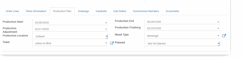 User can set the production start date, adjustment date, end and finishing date as well as team, wood type, etc. from the production plan.